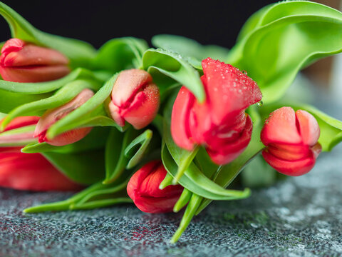 A bouquet of red tulips sits on a wooden table. The flowers are arranged in a vase and are in full bloom, creating a vibrant and cheerful atmosphere. Mothers or valentine day present. - Powered by Adobe