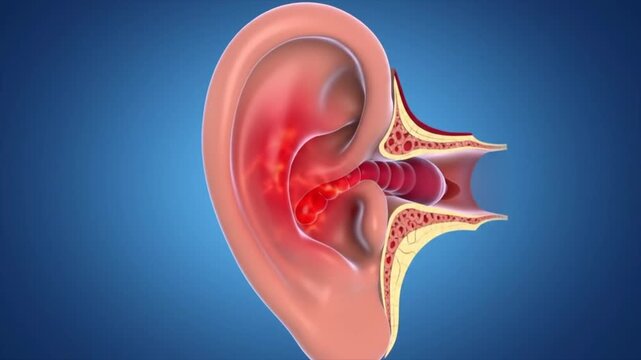 3D medical animation of an ear infection (otitis) with an inflamed eardrum.