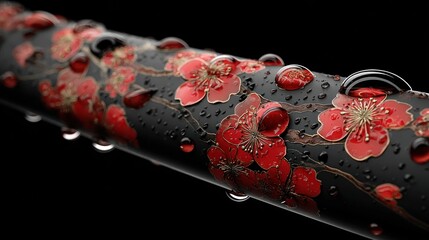 Glossy black tube with red floral art and glistening water droplets
