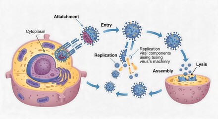 A detailed scientific diagram illustrating the complete viral life cycle, from cellular attachment and entry to replication and assembly