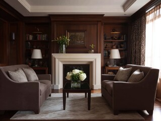 Elegant dark-brown living room featuring a fireplace, bookshelves, and comfortable seating arrangements.
