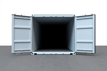 Open empty shipping container on concrete floor with white background