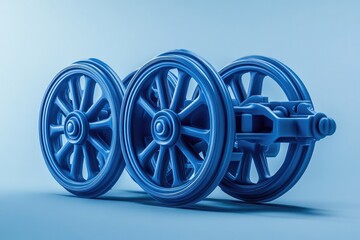 A striking monochrome image of three blue toy wagon wheels against a blue background, showcasing intricate design.
