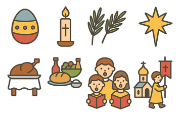 Orthodox Holiday Icons. Flat vector mini-illustrations orthodox holidays in colors children's illustrations: Easter egg, Paschal
