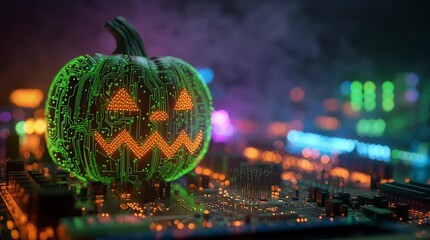 Glowing cyberpunk jack-o-lantern skull pumpkin, neon microchip web traces pulse with eerie light, fog drifts with code, LEDs shimmer like eyes, futuristic AI Halloween horror motherboard scene. - Powered by Adobe