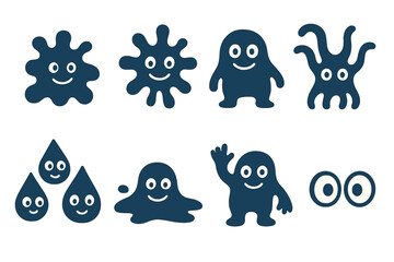 Playful Ink Monsters. Flat vector mini-illustrations ink monsters in colors children's illustrations: playful ink blob, smiling