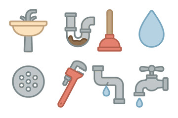 Plumbing Icons for Kids. Flat vector mini-illustrations plumbing drain in colors children's illustrations: sink, clogged pipe,