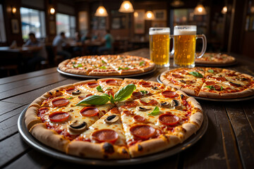 Pepperoni Mushroom Pizzas and Beer Mugs in Pub cheese