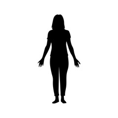 Female figure silhouette. Woman body shape. Standing person illustration. Black Vector icon.