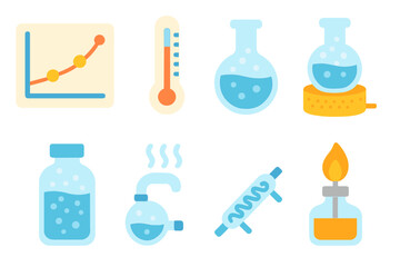 Science Boiling Icons. Flat vector mini-illustrations boiling in science in colors children's illustrations: boiling point chart,
