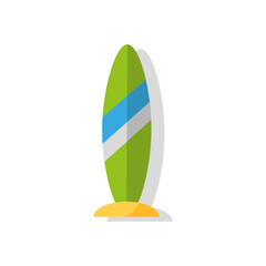 Surfboard on sand. Summer vacation symbol. Ocean sport equipment. Vector beach illustration.