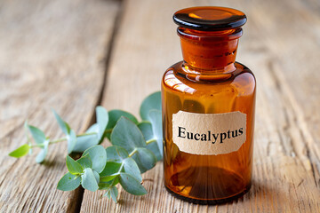 Amber glass bottle with eucalyptus leaves on wooden planks