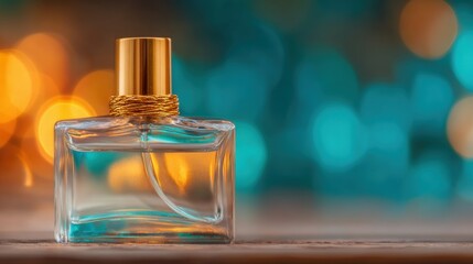 Elegant fragrance bottle with a golden cap on a wooden surface