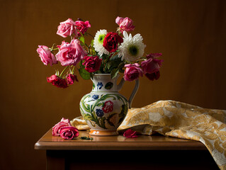 Still Life Floral Arrangement in Ornate Pitcher flowers