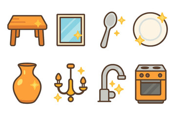 Shiny Household Icons. Flat vector mini-illustrations shiny household items in colors children's illustrations: polished table,
