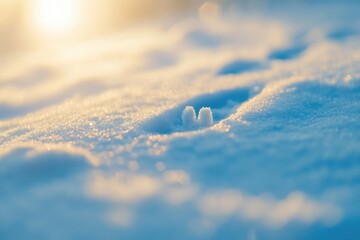 Sunlit snow surface with crisp, glistening texture, marked by small footprints and soft shadows, creating a serene winter scene.