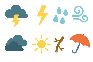 Obraz premium Stormy Weather Icons. Flat vector mini-illustrations storm clash in colors children's illustrations: thundercloud, lightning bolt,