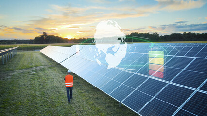 Aerial of technician monitoring solar panels with 3D animated battery and global world map for smart energy tracking