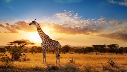 giraffe stands gracefully in a vibrant savanna landscape under a bright blue sky during sunset