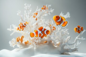 A group of vibrant clownfish swims around a white coral structure against a soft gray backdrop in a serene underwater setting.