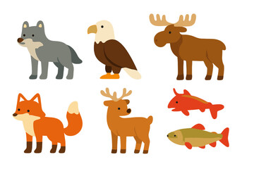 Canadian Wildlife Icons. Flat vector mini-illustrations Canadian wildlife in colors children's illustrations: wolf, eagle, beaver,