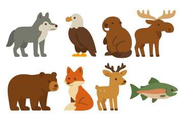 Canadian Wildlife Icons. Flat vector mini-illustrations Canadian wildlife in colors children's illustrations: wolf, eagle, beaver,