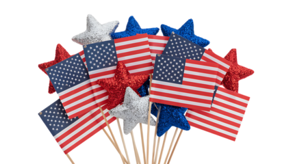 Photo of collection of american flags and glitter stars on sticks, isolated on transparent background
