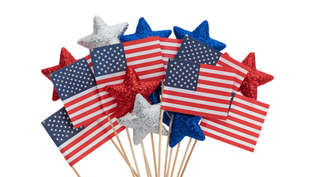 Photo of collection of american flags and glitter stars on sticks, isolated on transparent background