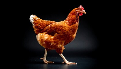Rhode Island Red hen with black background.