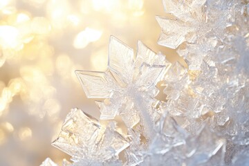 Close-up of intricate ice crystals glistening against a blurred, warm, golden background, showcasing delicate winter beauty.