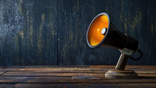 A vintage-style megaphone with an illuminated orange interior rests on a rustic wooden surface against a dark wood backdrop, creating a dramatic, attention-grabbing composition