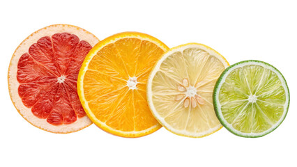 Vibrant citrus slices including ruby red grapefruit, juicy orange, zesty lemon, and fresh lime create a refreshing, natural, and healthy visual for your next project.