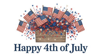 Photo of happy 4th of july text with a bouquet of american flags and stars, isolated on transparent background