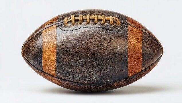 A well-worn, dark brown leather American football with visible laces and orange-brown stripes, photographed against a plain white background, showing signs of age and use