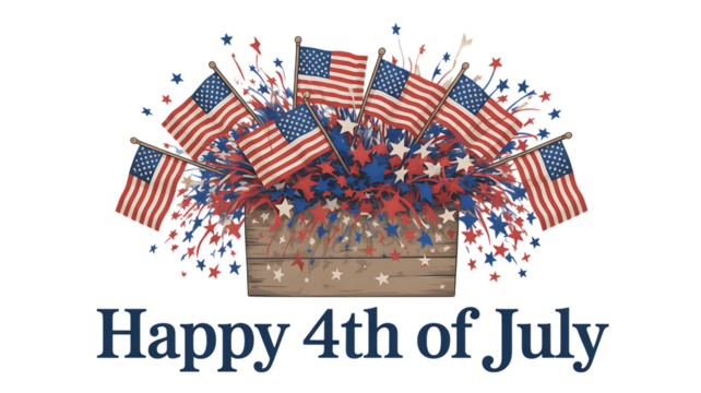 Photo of happy 4th of july text with a bouquet of american flags and stars, isolated on transparent background - Powered by Adobe