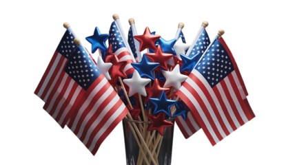 Photo of bouquet of american flags and stars, isolated on transparent background