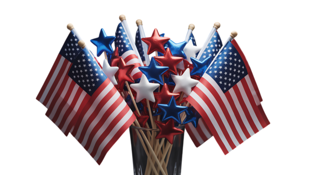 Photo of bouquet of american flags and stars, isolated on transparent background - Powered by Adobe