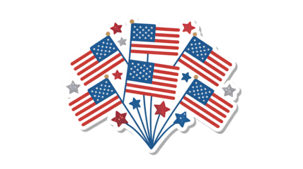Photo of fan of american flags on sticks with stars and sparkles, isolated on transparent background