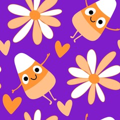 Cartoon Halloween sugar monsters seamless candy corn pattern for wrapping paper and fabrics and linens and kids clothes