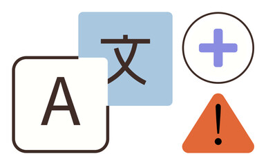 Letter A, Chinese character, plus sign, and warning icon conveying language services. Ideal for translation, communication, multilingual support, education, technology localization simple flat