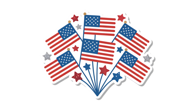 Photo of fan of american flags on sticks with stars and sparkles, isolated on transparent background