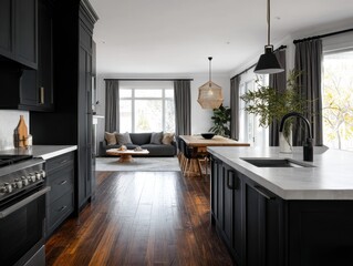 A modern kitchen, open to a living space, showcasing dark cabinetry, a light-colored countertop, and a warm hardwood floor.