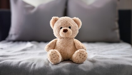 small beige teddy bear sitting on folded gray blanket in soft lighting