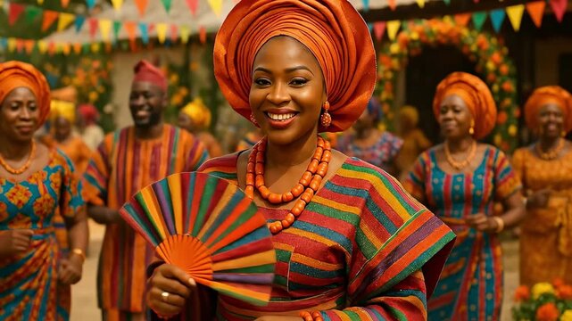 Smiling African Woman in Vibrant Traditional Attire with Gele and Fan at a Joyful Cultural Celebration, Surrounded by People in Festive Garb
