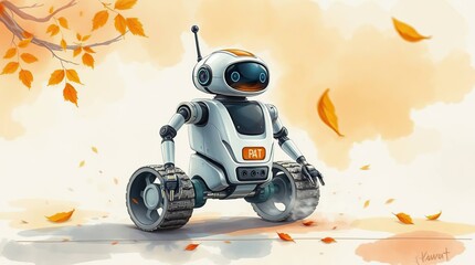 Autumn Robot with Falling Leaves.
