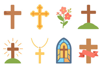 Colorful Cross Illustrations. Flat vector mini-illustrations cross in colors children's illustrations: simple wooden cross, ornate
