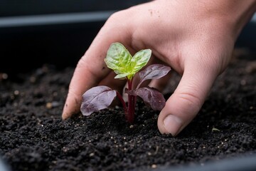Hand planting a young basil plant in soil symbolizing growth and cultivation