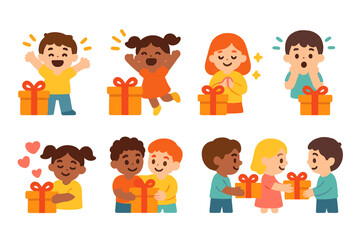 Colorful Gift Emotions. Flat vector mini-illustrations gift emotions in colors children's illustrations: joy, excitement,