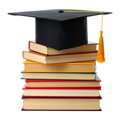 A Pile of Books with a Graduation Cap isolated on a White Background

