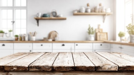 Rustic wooden table top in front of a blurred white kitchen.